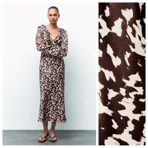 NWT. Zara Brown/Cream Printed Satin Effect Midi Dress with Ruffles. Size XXL.